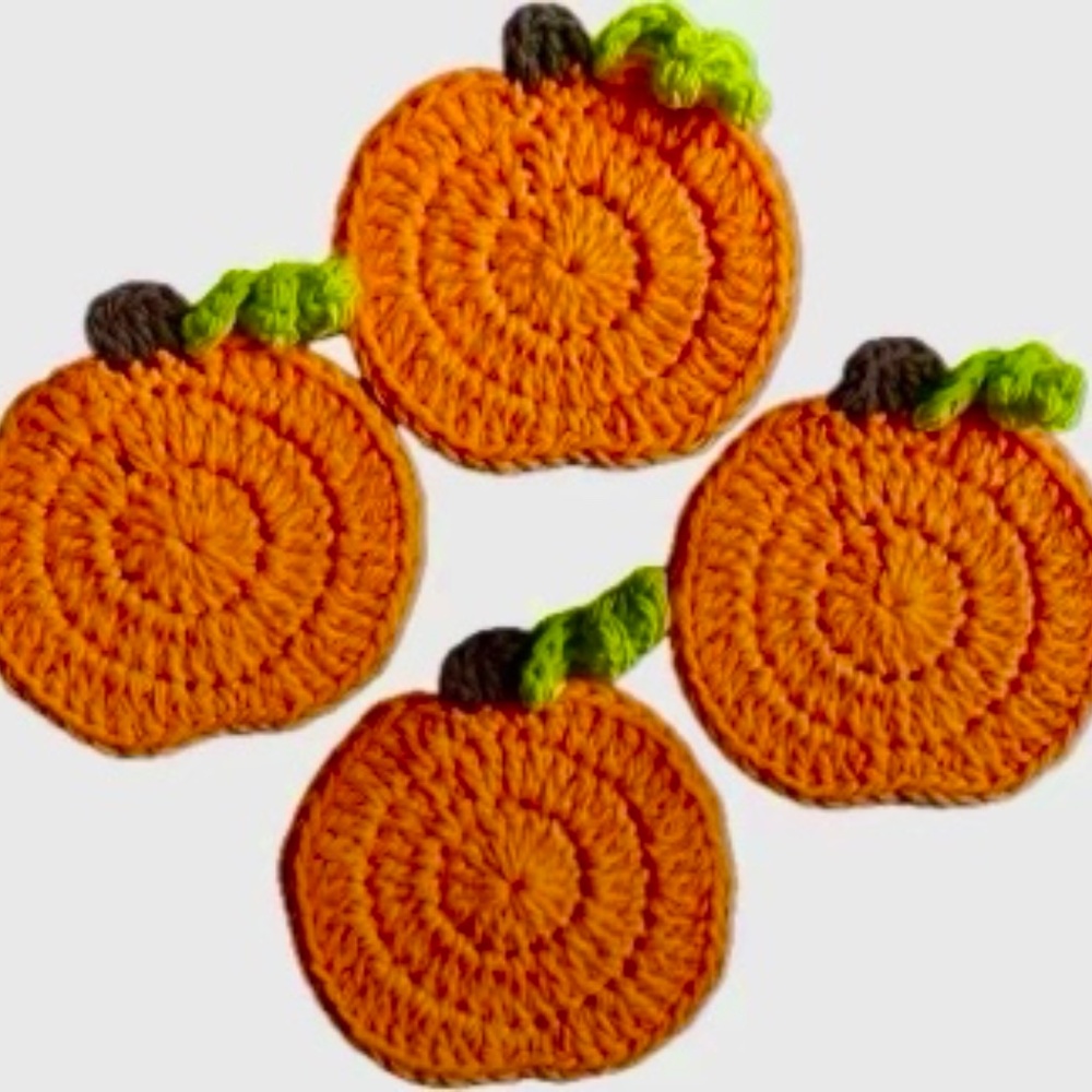 4 Crochet Coasters Handmade By Seller - Pumpkin Set - 100% Cotton